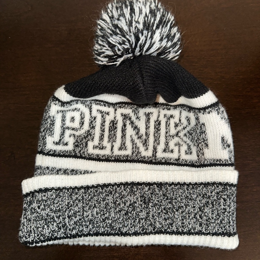 PINK Victoria's Secret Black and White Pom-Pom Beanie